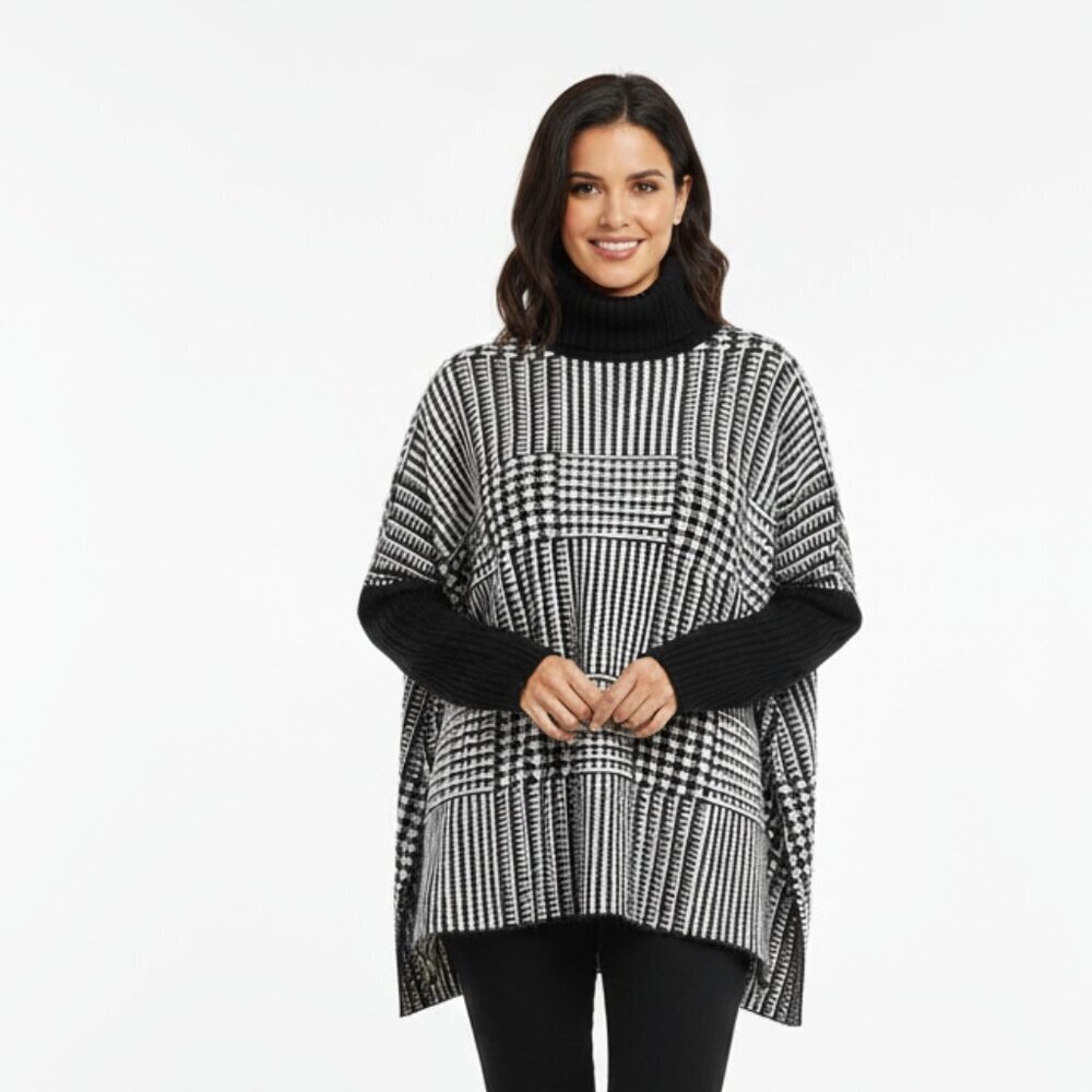 JOSEPH A. PONCHO TURTLENECK SWEATER (S) | Black & White Houndstooth